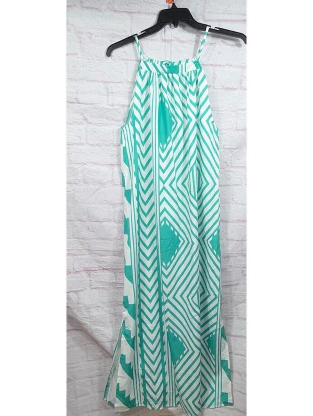 Green and White Geometric Maxi Dress XL